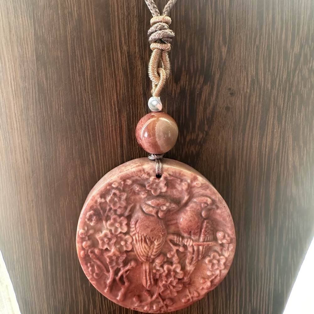 Coral Fossil Carved Round Bird Pendant Necklace on Tan Adjustable Rope - Picture 8 of 13